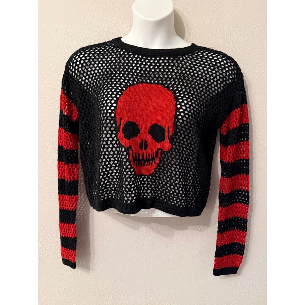 Social Collision Open Knit Skull Sweater size S/M black punk grunge Halloween